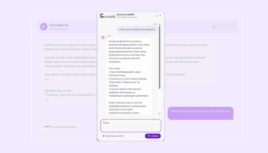 Kysy Gunvaldilta -tuki suoraan sovelluksessa
