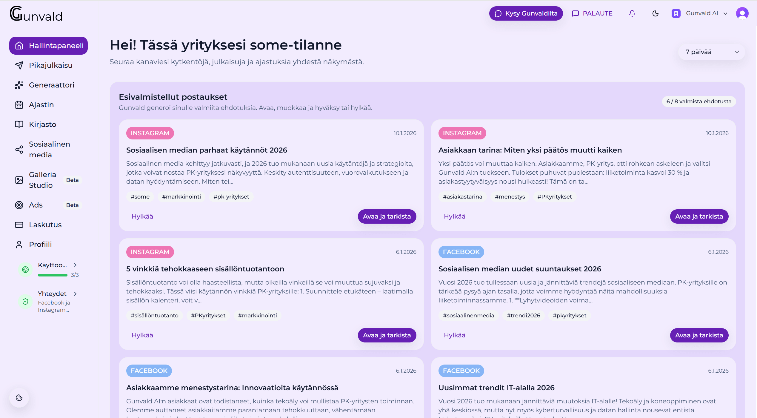 Gunvald-koontinäkymä kanavien kytkennöistä, ajastuksista ja julkaisuista