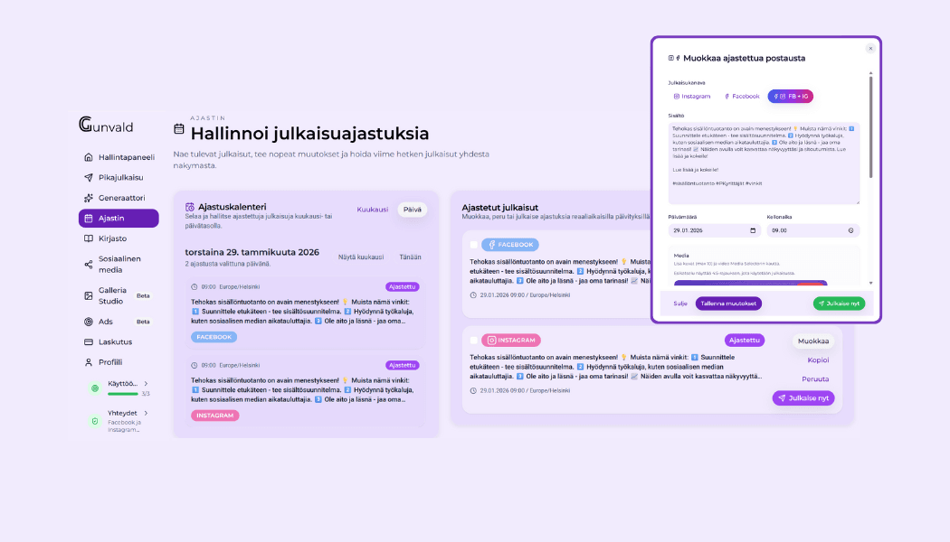 Ajastusnäkymä Facebookin ja Instagramin julkaisuista